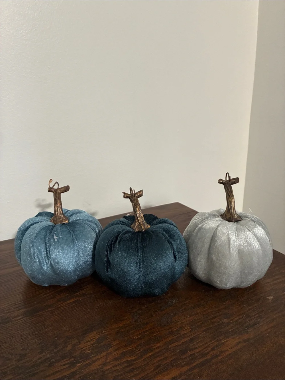 NWT Set of 3- Velvet Pumpkins- Dark Blue, Silver, Teal Fall Holiday Decorations